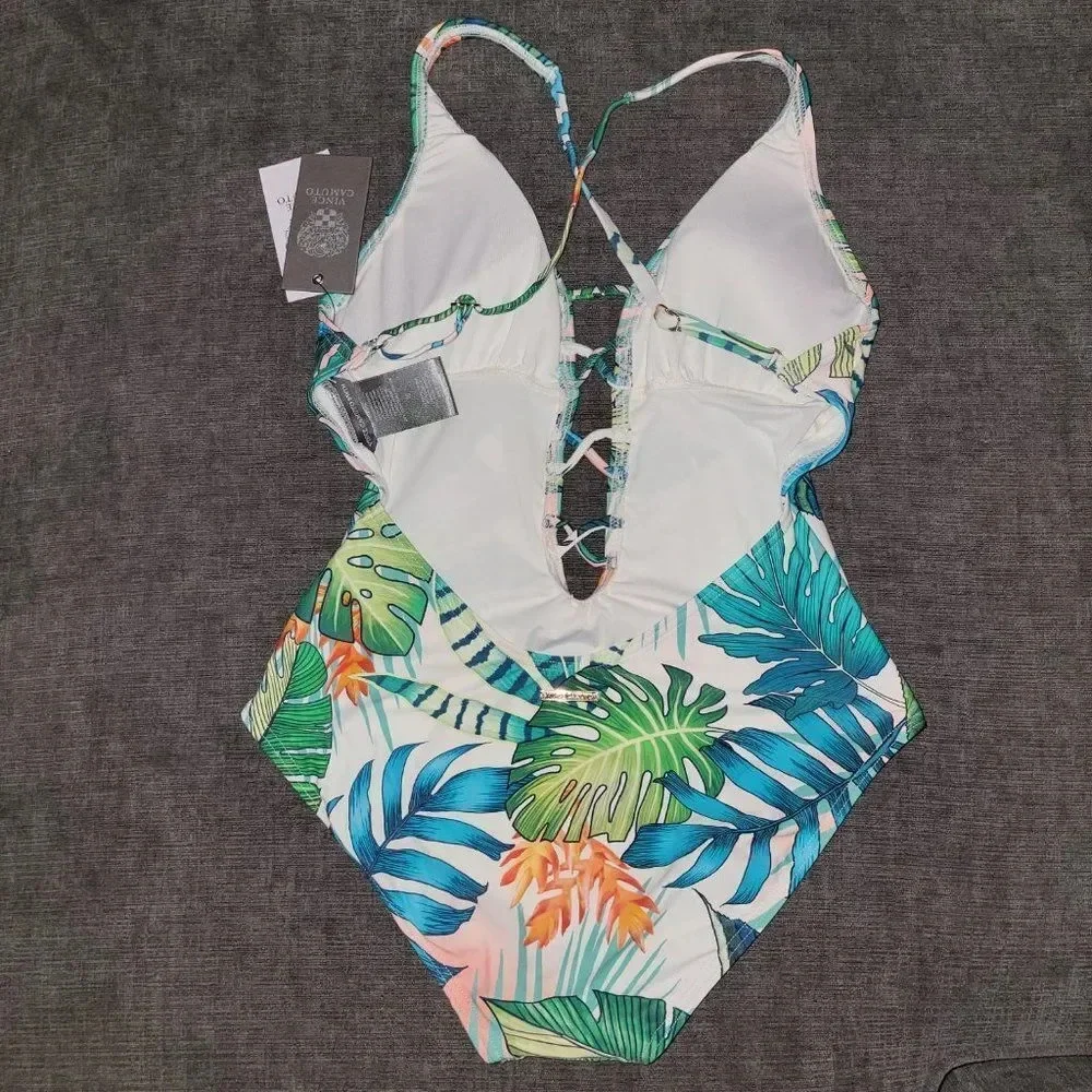 Vince Camuto Women' Strappy white floral Plunging V-Neck One Piece Swims…